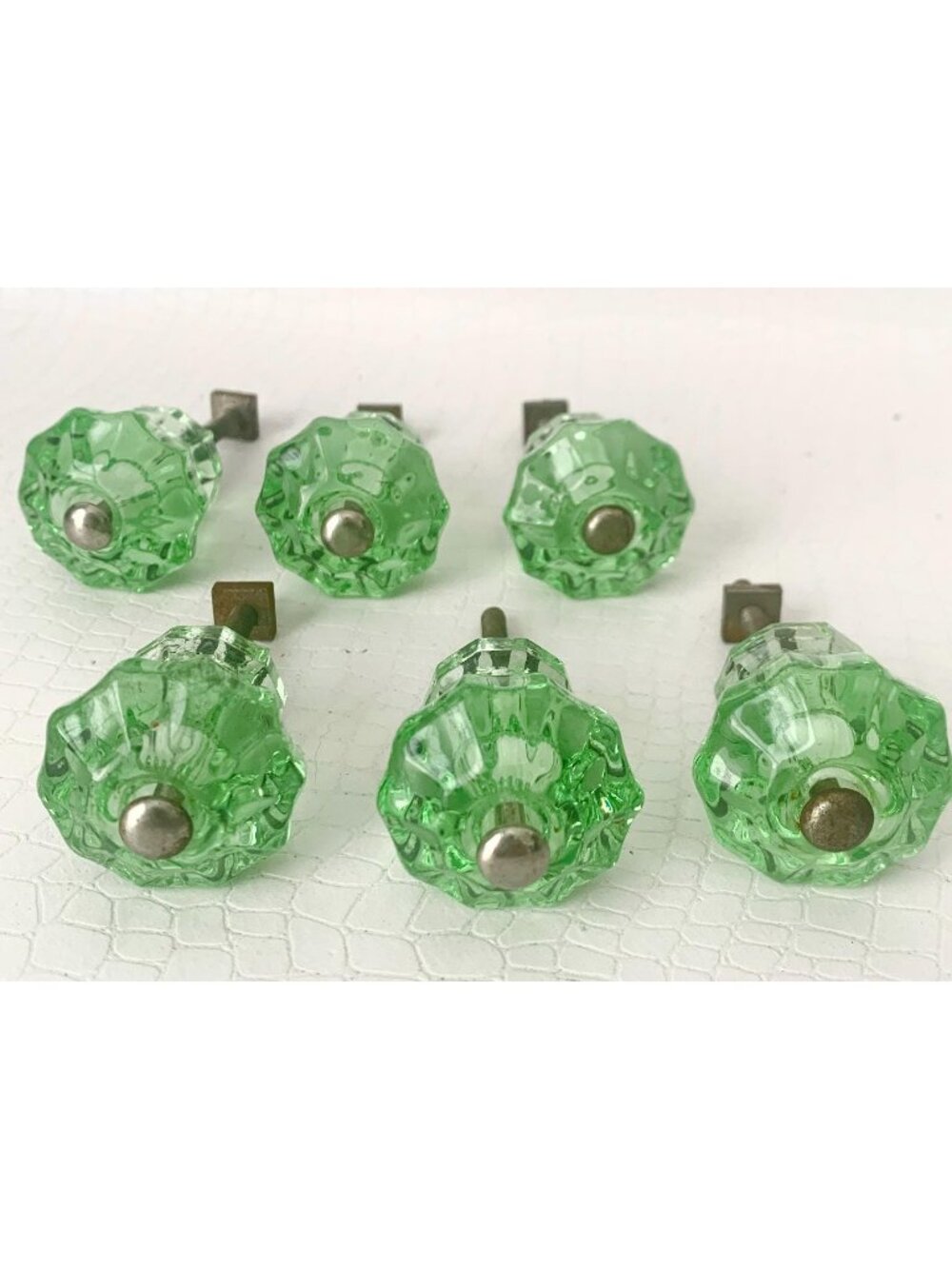 6 Vintage Uranium Green Depression Glass Cabinet Handles Drawer Pulls Glows